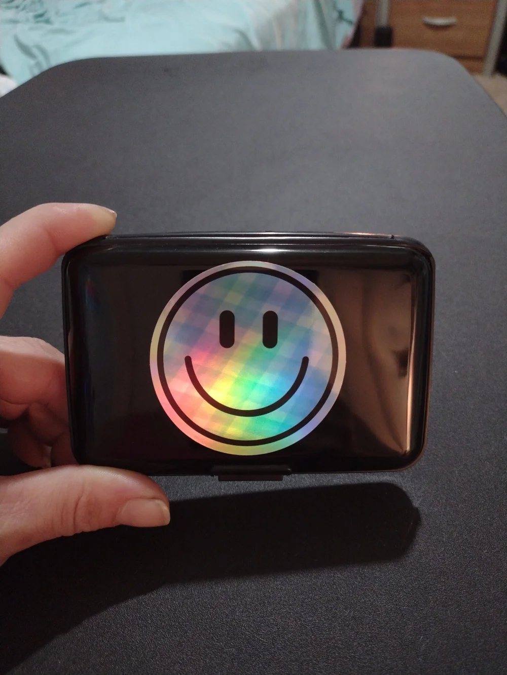 Black Metal Wallet with Holographic Smile Sticker